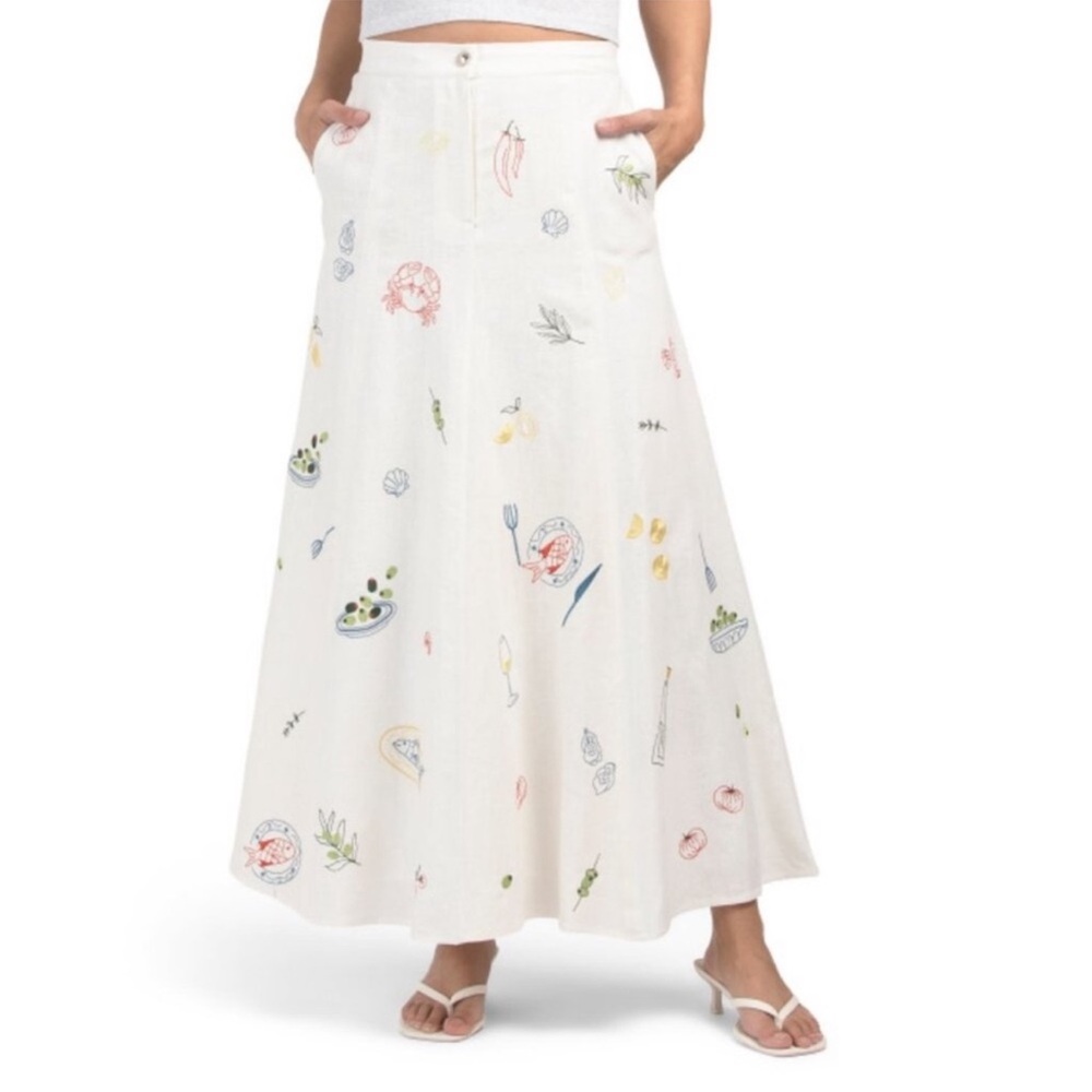 Caroline Constas Linen Blend Dolce Vita Food Embroidered Skirt